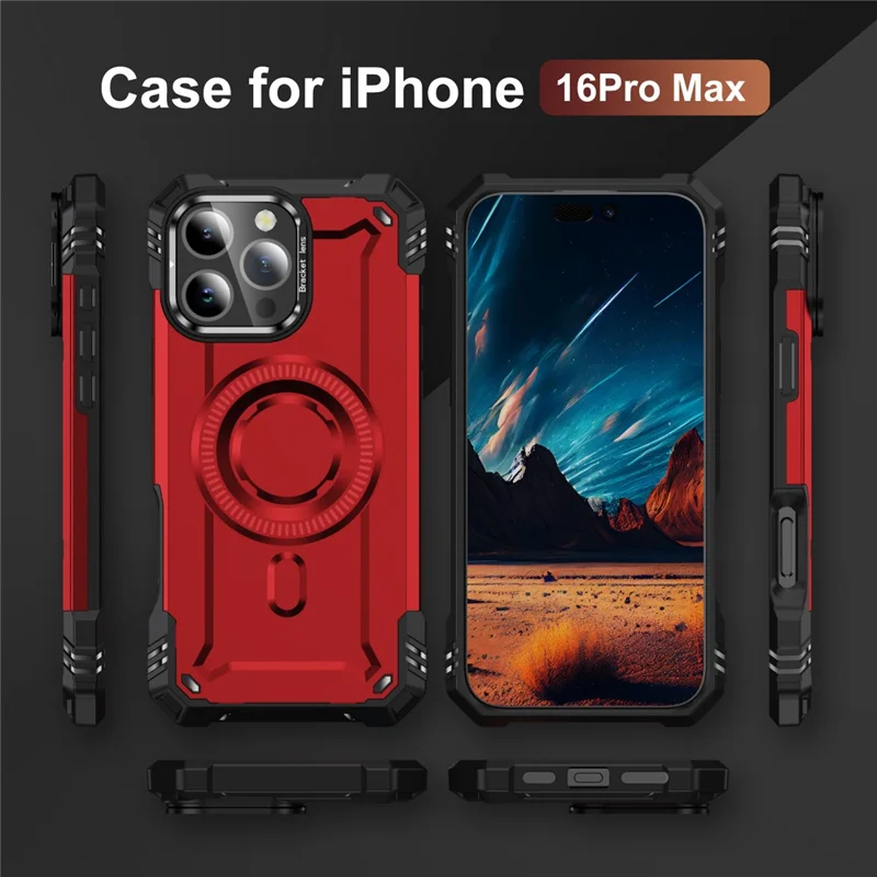 For iPhone 16 Pro Max Case Compatible with MagSafe Metal Lens Frame Kickstand PC+TPU Mobile Cover - Red