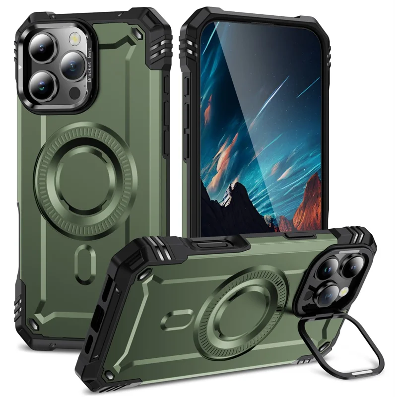 For iPhone 16 Pro Max Case Compatible with MagSafe Metal Lens Frame Kickstand PC+TPU Mobile Cover - Army Green