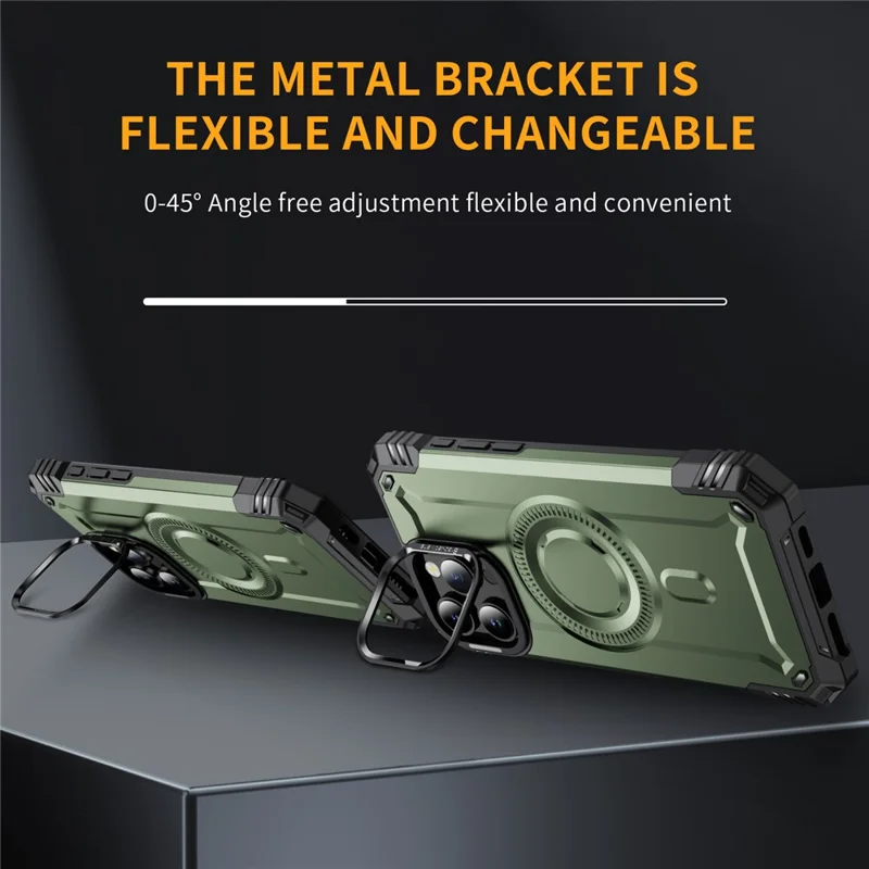 For iPhone 16 Pro Max Case Compatible with MagSafe Metal Lens Frame Kickstand PC+TPU Mobile Cover - Army Green