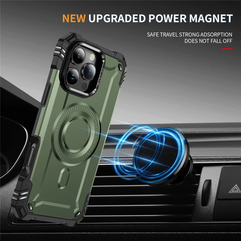 For iPhone 16 Pro Max Case Compatible with MagSafe Metal Lens Frame Kickstand PC+TPU Mobile Cover - Army Green