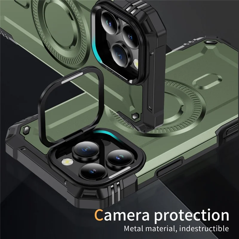 For iPhone 16 Pro Max Case Compatible with MagSafe Metal Lens Frame Kickstand PC+TPU Mobile Cover - Army Green