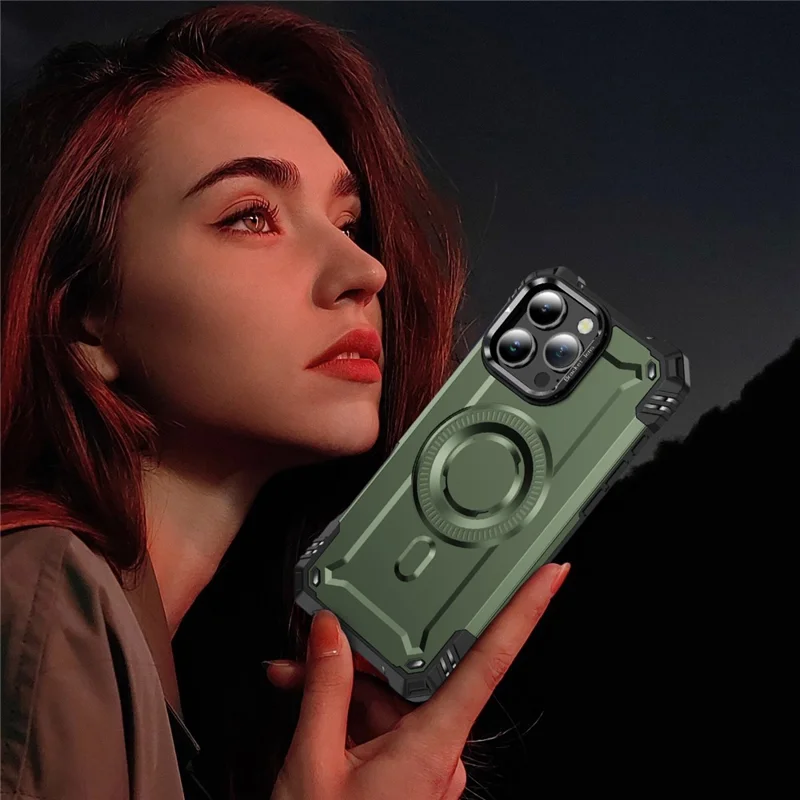 For iPhone 16 Pro Max Case Compatible with MagSafe Metal Lens Frame Kickstand PC+TPU Mobile Cover - Army Green