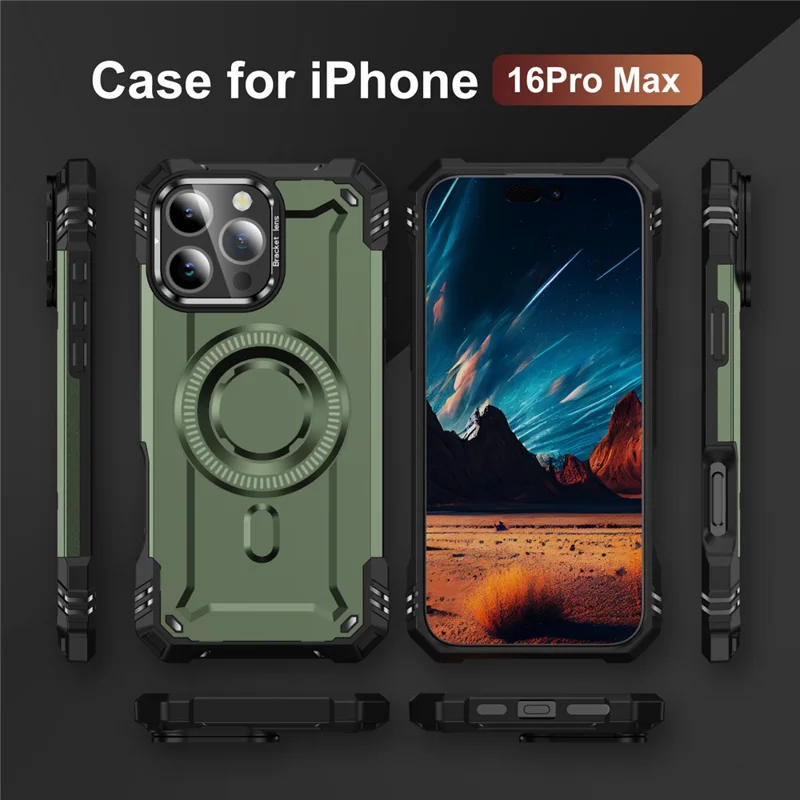 For iPhone 16 Pro Max Case Compatible with MagSafe Metal Lens Frame Kickstand PC+TPU Mobile Cover - Army Green