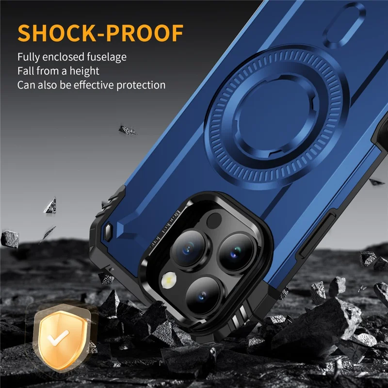 For iPhone 16 Pro Max Case Compatible with MagSafe Metal Lens Frame Kickstand PC+TPU Mobile Cover - Sapphire