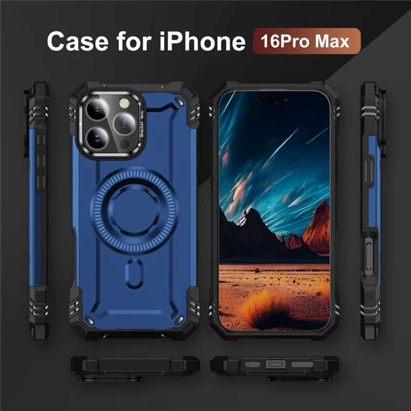 For iPhone 16 Pro Max Case Compatible with MagSafe Metal Lens Frame Kickstand PC+TPU Mobile Cover - Sapphire