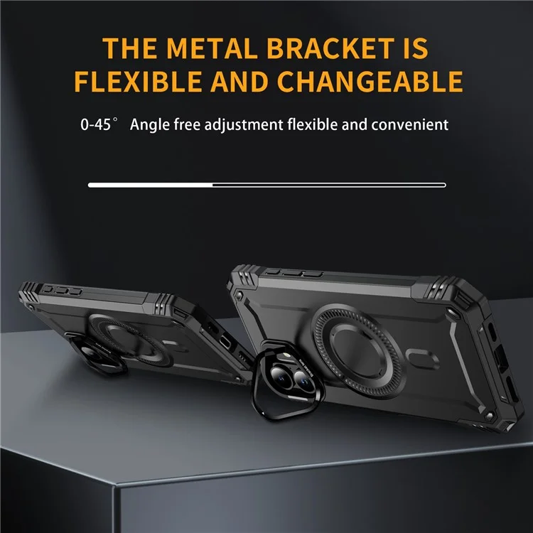 For iPhone 16 Plus Case Compatible with MagSafe Metal Lens Frame Kickstand PC+TPU Mobile Cover - Black
