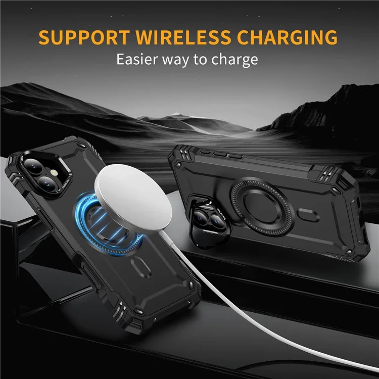For iPhone 16 Plus Case Compatible with MagSafe Metal Lens Frame Kickstand PC+TPU Mobile Cover - Black