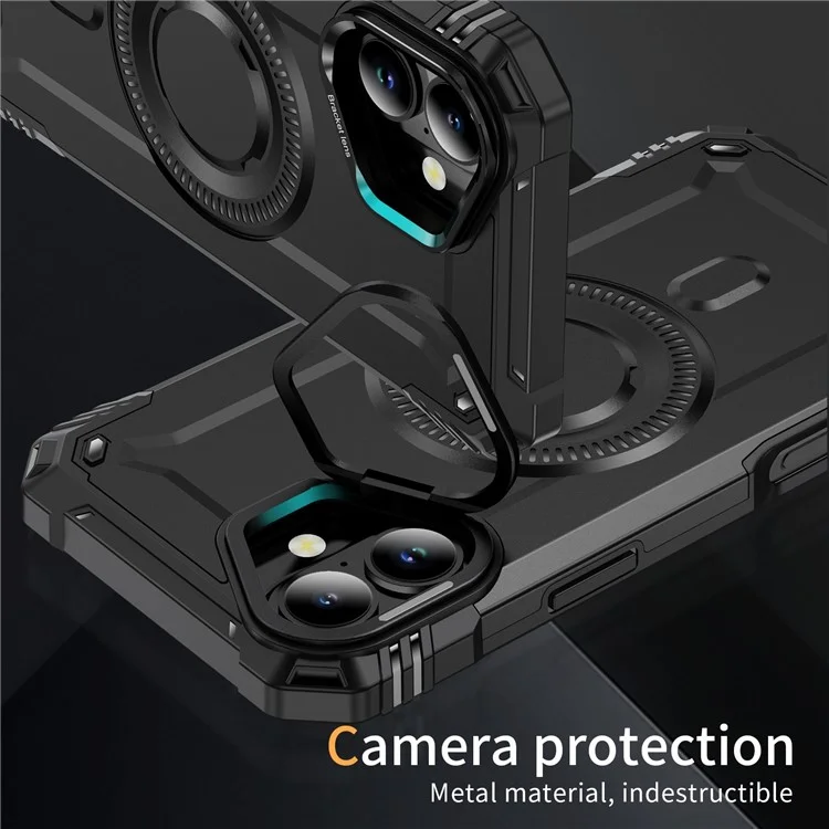 For iPhone 16 Plus Case Compatible with MagSafe Metal Lens Frame Kickstand PC+TPU Mobile Cover - Black