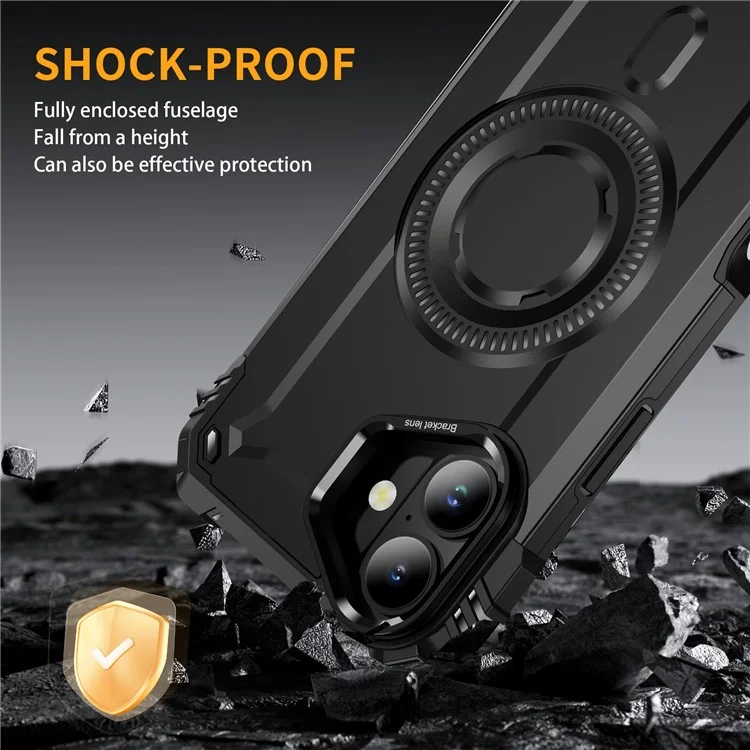 For iPhone 16 Plus Case Compatible with MagSafe Metal Lens Frame Kickstand PC+TPU Mobile Cover - Black
