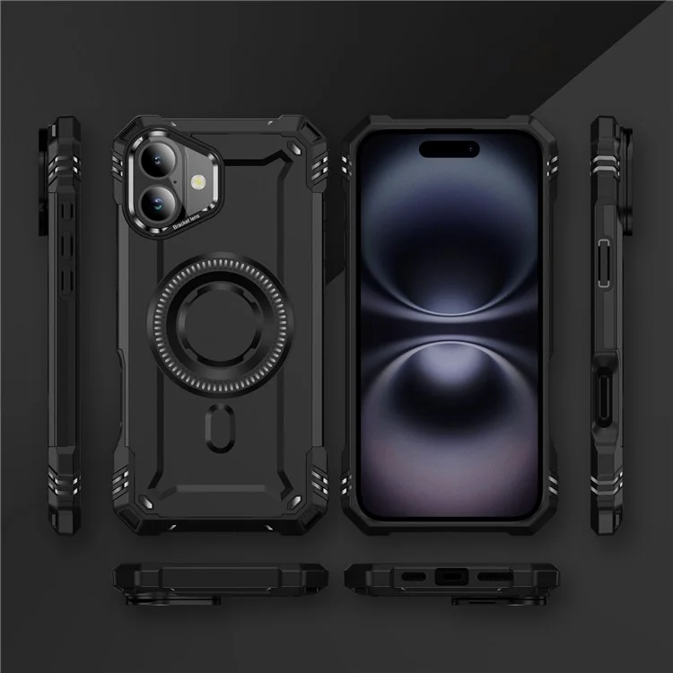 For iPhone 16 Plus Case Compatible with MagSafe Metal Lens Frame Kickstand PC+TPU Mobile Cover - Black