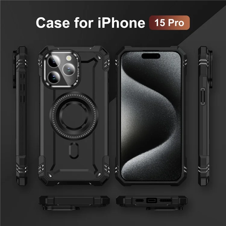 Чехол для iPhone 15 Pro совместимый с MagSafe, металлическая рамка для объектива, подставка, PC+TPU мобильный чехол - Черный