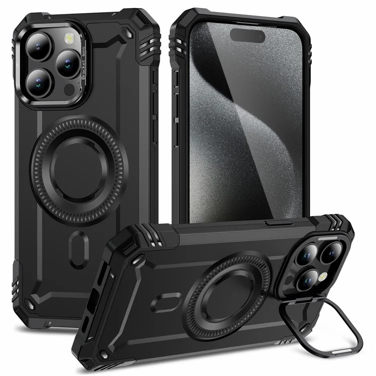 Hülle für iPhone 15 Pro Max kompatibel mit MagSafe Metalllinsenrahmen Ständer PC+TPU Mobilabdeckung - Schwarz
