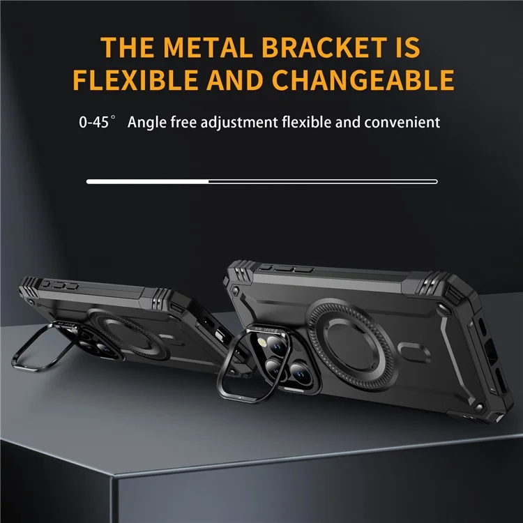 Hülle für iPhone 15 Pro Max kompatibel mit MagSafe Metalllinsenrahmen Ständer PC+TPU Mobilabdeckung - Schwarz