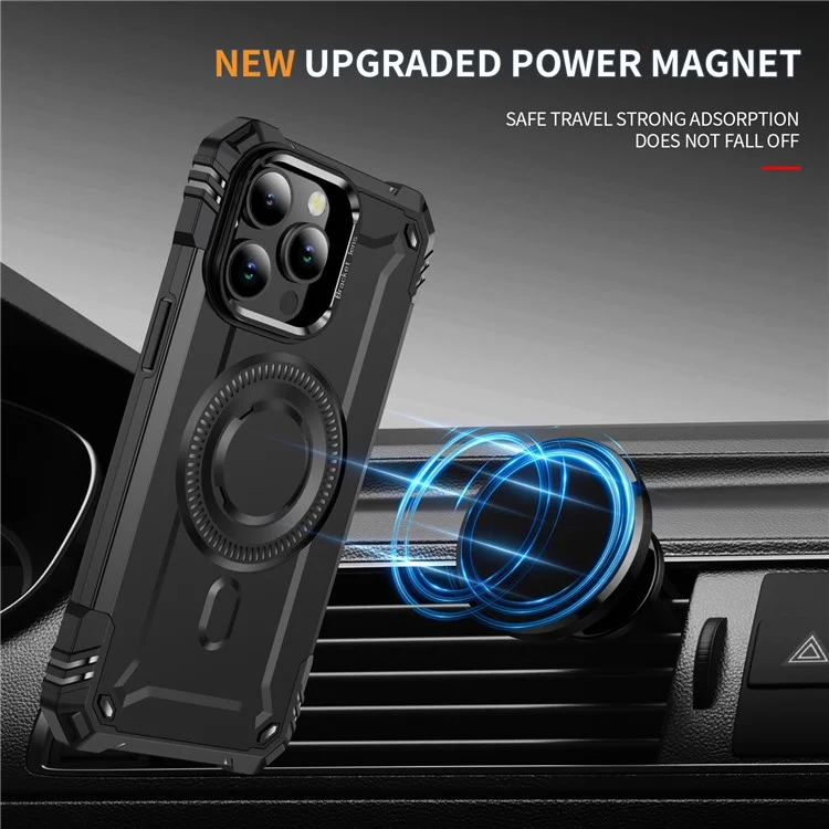 Hülle für iPhone 15 Pro Max kompatibel mit MagSafe Metalllinsenrahmen Ständer PC+TPU Mobilabdeckung - Schwarz