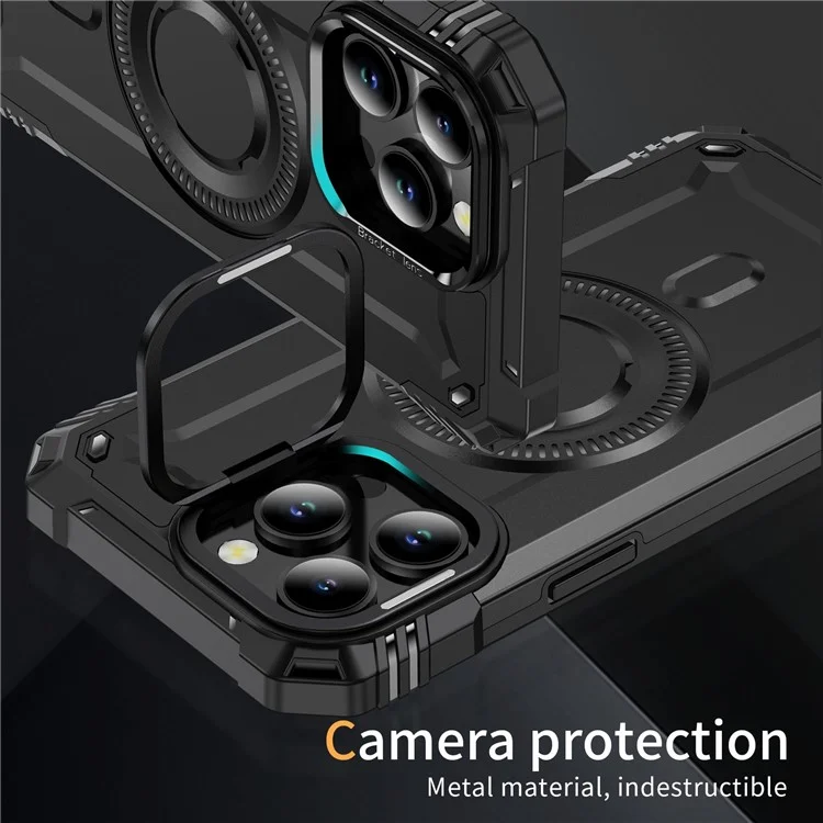 Hülle für iPhone 15 Pro Max kompatibel mit MagSafe Metalllinsenrahmen Ständer PC+TPU Mobilabdeckung - Schwarz