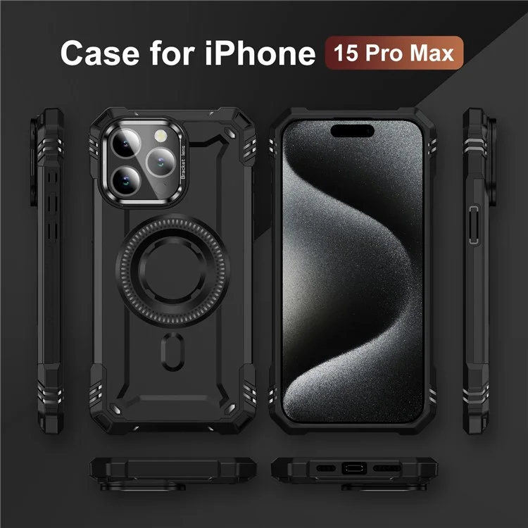 Hülle für iPhone 15 Pro Max kompatibel mit MagSafe Metalllinsenrahmen Ständer PC+TPU Mobilabdeckung - Schwarz