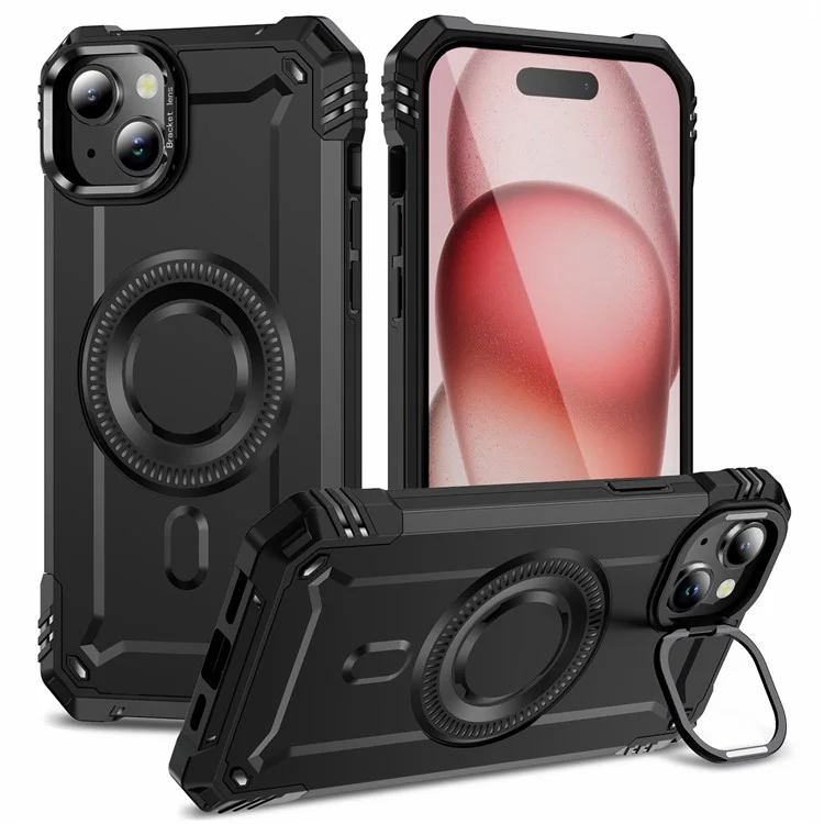 Für iPhone 15 Hülle kompatibel mit MagSafe Metalllinsenrahmen Ständer PC+TPU Handyhülle - Schwarz