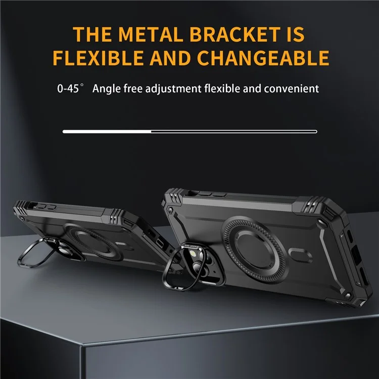 Für iPhone 15 Hülle kompatibel mit MagSafe Metalllinsenrahmen Ständer PC+TPU Handyhülle - Schwarz