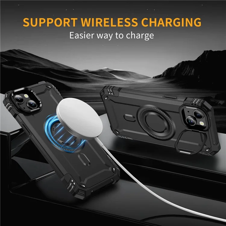 Coque pour iPhone 14 compatible avec MagSafe, cadre métallique pour objectif, support intégré, en PC+TPU - Noir
