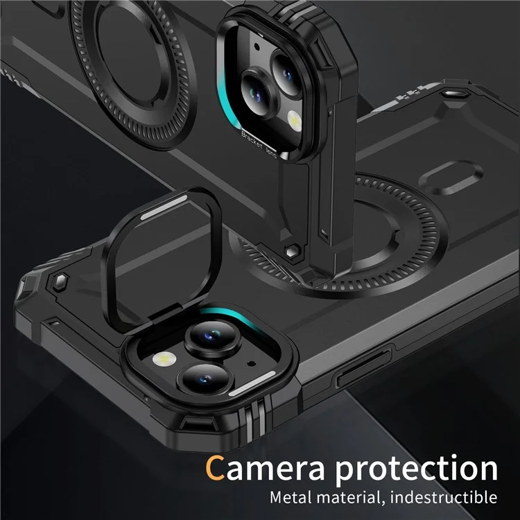 Coque pour iPhone 14 compatible avec MagSafe, cadre métallique pour objectif, support intégré, en PC+TPU - Noir