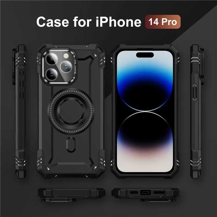Étui pour iPhone 14 Pro compatible avec MagSafe, cadre métallique pour objectif, support intégré, en PC+TPU - Noir