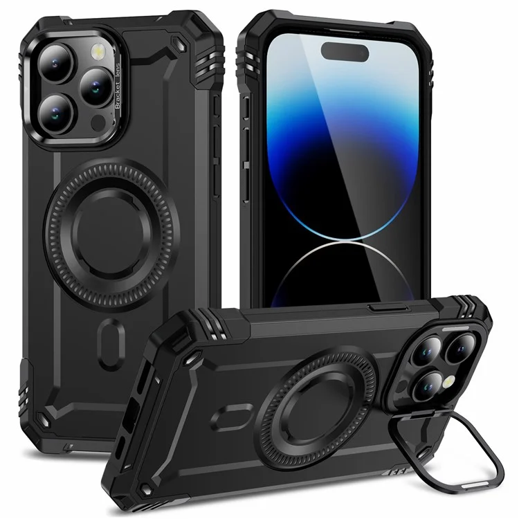 Coque pour iPhone 14 Pro Max compatible avec MagSafe, cadre métallique pour objectif, support, PC+TPU, étui de protection pour téléphone portable - Noir