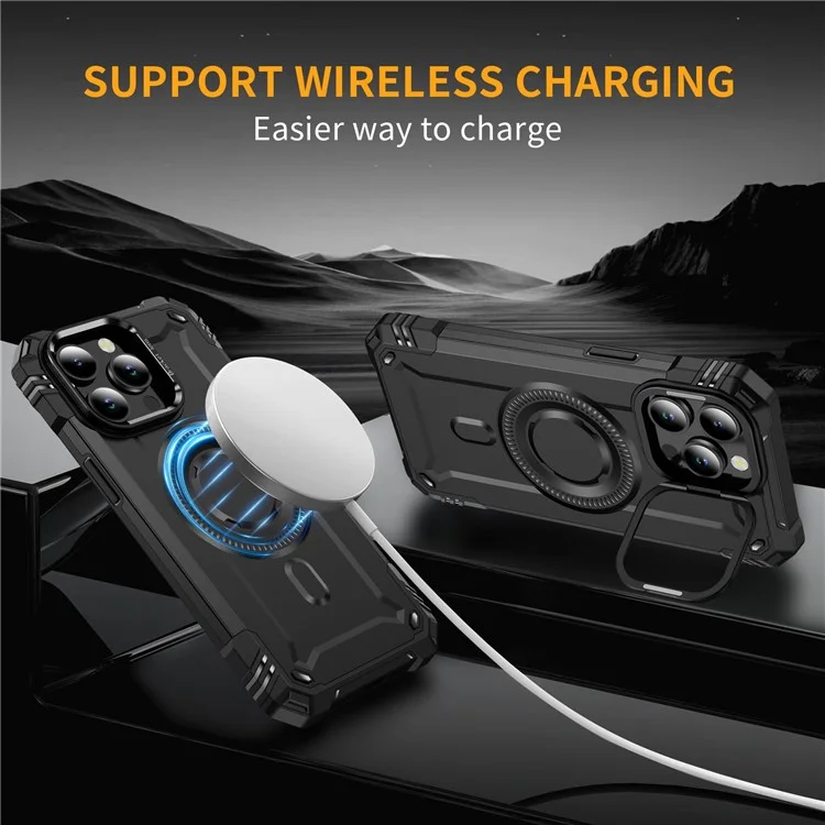 Coque pour iPhone 14 Pro Max compatible avec MagSafe, cadre métallique pour objectif, support, PC+TPU, étui de protection pour téléphone portable - Noir