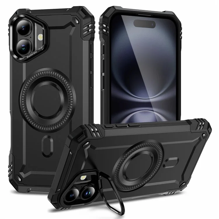 Für iPhone 16 Hülle kompatibel mit MagSafe Metalllinsenrahmen Ständer PC+TPU Handyhülle - Schwarz