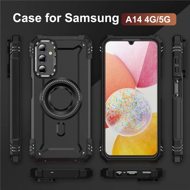 Для Samsung Galaxy A14 4G / 5G Чехол совместимый с MagSafe Металлический объектив Рамка Подставка PC+TPU Мобильная крышка - Черный