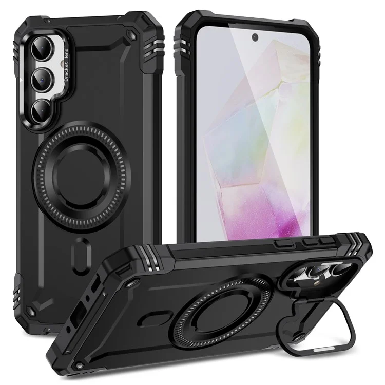 Custodia per Samsung Galaxy A35 5G compatibile con MagSafe, cornice in metallo per obiettivo, supporto, copertura per cellulare in PC+TPU - Nero