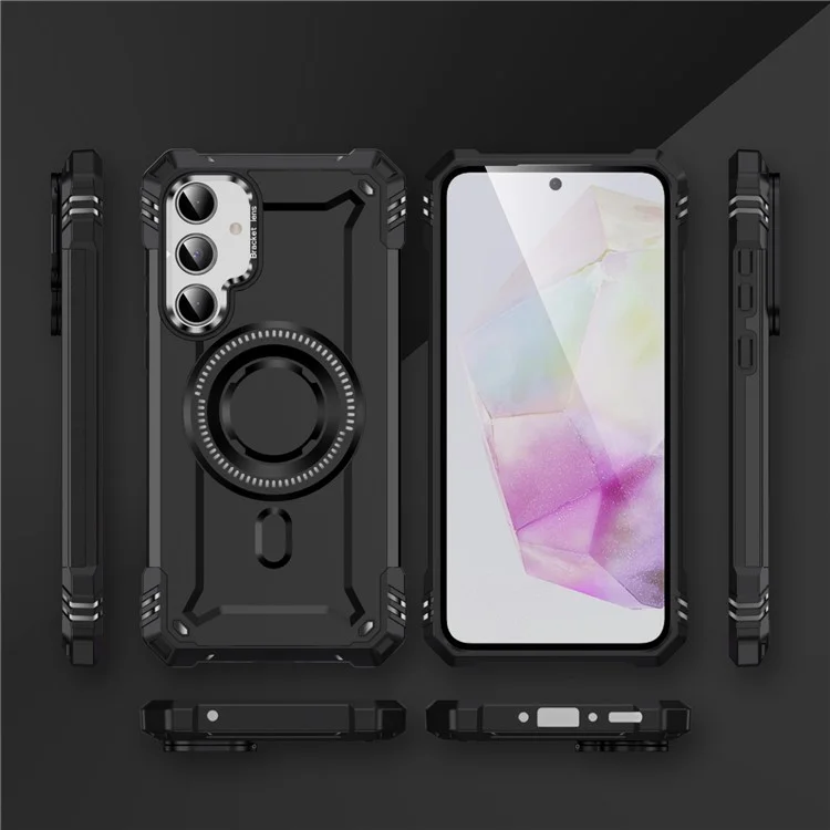 Custodia per Samsung Galaxy A35 5G compatibile con MagSafe, cornice in metallo per obiettivo, supporto, copertura per cellulare in PC+TPU - Nero
