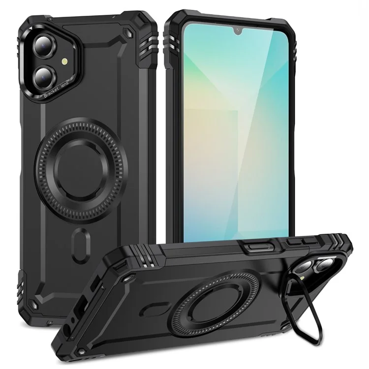 Für Samsung Galaxy A06 Hülle kompatibel mit MagSafe Metall-Linsenrahmen Ständer PC+TPU Handyhülle - Schwarz