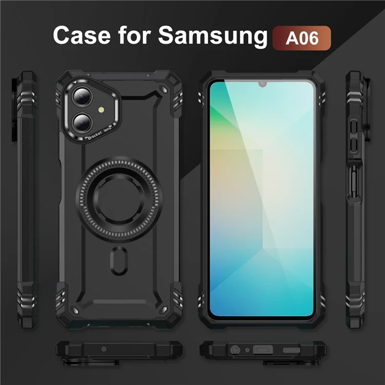 Für Samsung Galaxy A06 Hülle kompatibel mit MagSafe Metall-Linsenrahmen Ständer PC+TPU Handyhülle - Schwarz