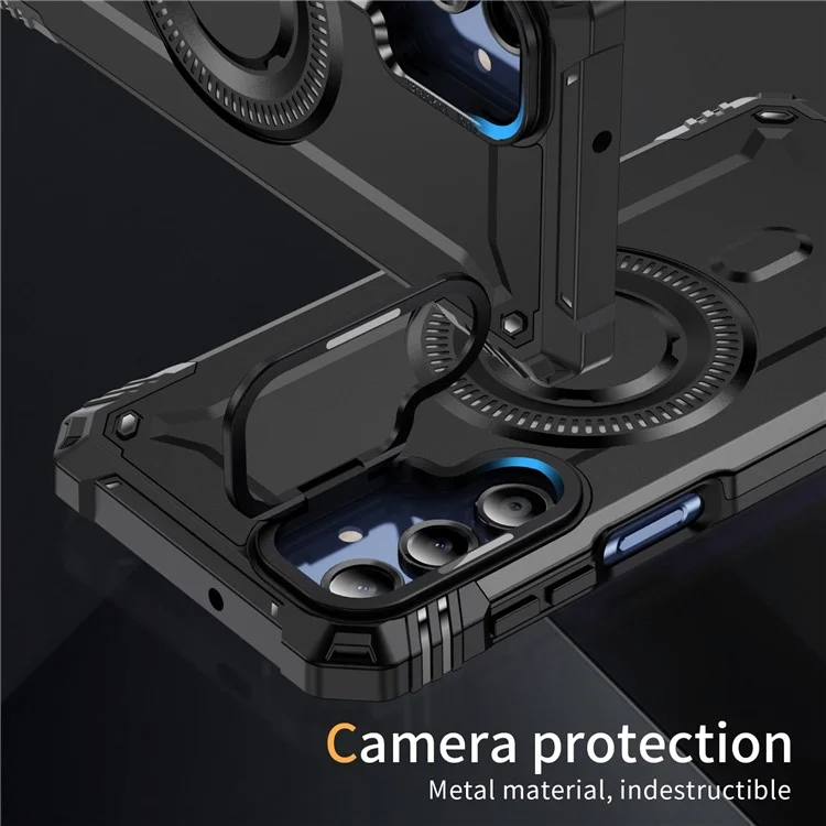 Für Samsung Galaxy A16 4G / 5G Hülle kompatibel mit MagSafe Metallobjektivrahmen Ständer PC+TPU Handyhülle - Schwarz