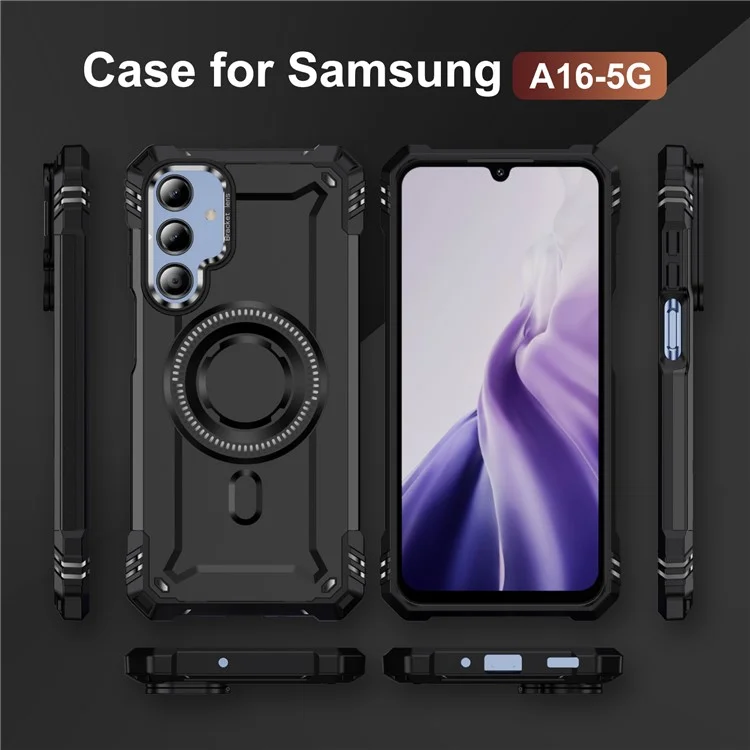 Für Samsung Galaxy A16 4G / 5G Hülle kompatibel mit MagSafe Metallobjektivrahmen Ständer PC+TPU Handyhülle - Schwarz