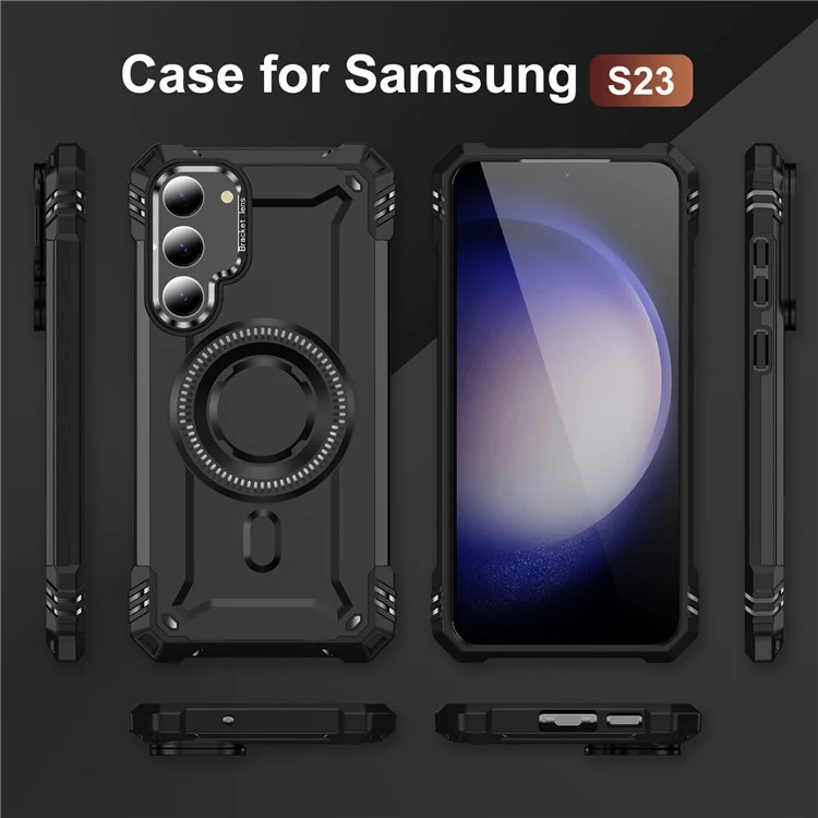 Für Samsung Galaxy S23 Hülle kompatibel mit MagSafe Metalllinsen-Rahmen Ständer PC+TPU Handyhülle - Schwarz