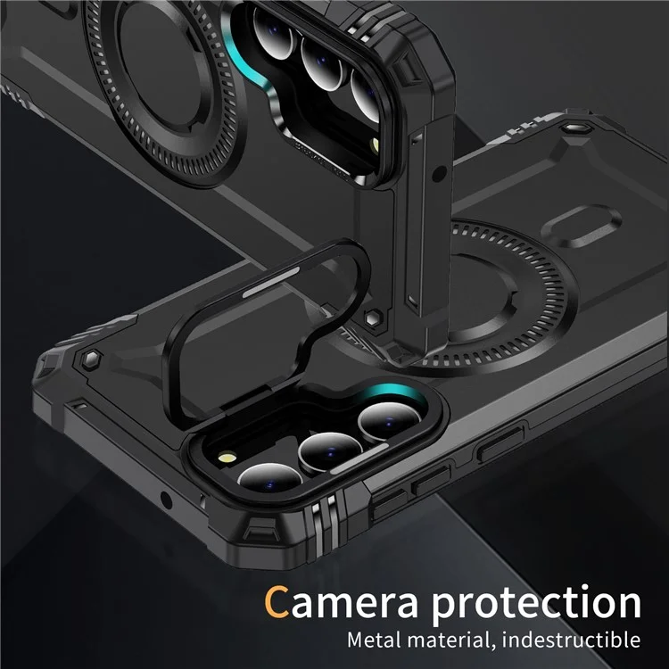 Für Samsung Galaxy S23+ Hülle kompatibel mit MagSafe Metalllinsenrahmen Ständer PC+TPU Handyhülle - Schwarz