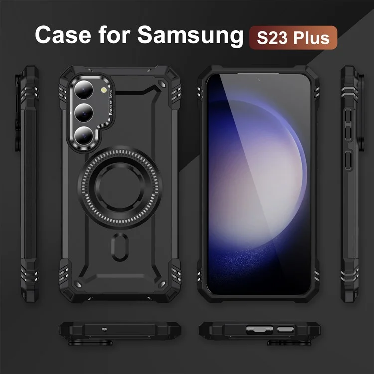 Für Samsung Galaxy S23+ Hülle kompatibel mit MagSafe Metalllinsenrahmen Ständer PC+TPU Handyhülle - Schwarz