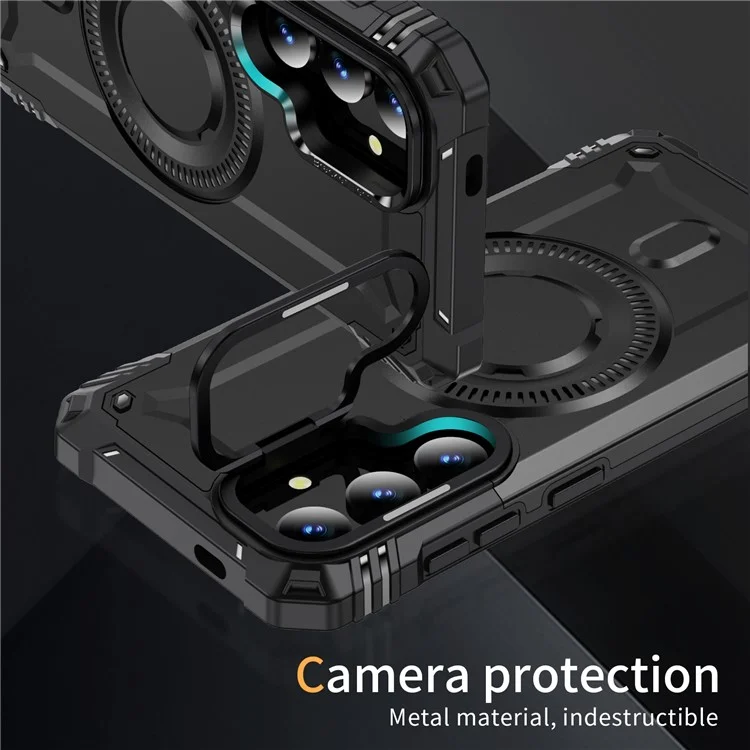 Чехол для Samsung Galaxy S25+ / S24+ совместимый с MagSafe, металлическая рамка объектива, подставка, PC+TPU мобильная крышка - черный