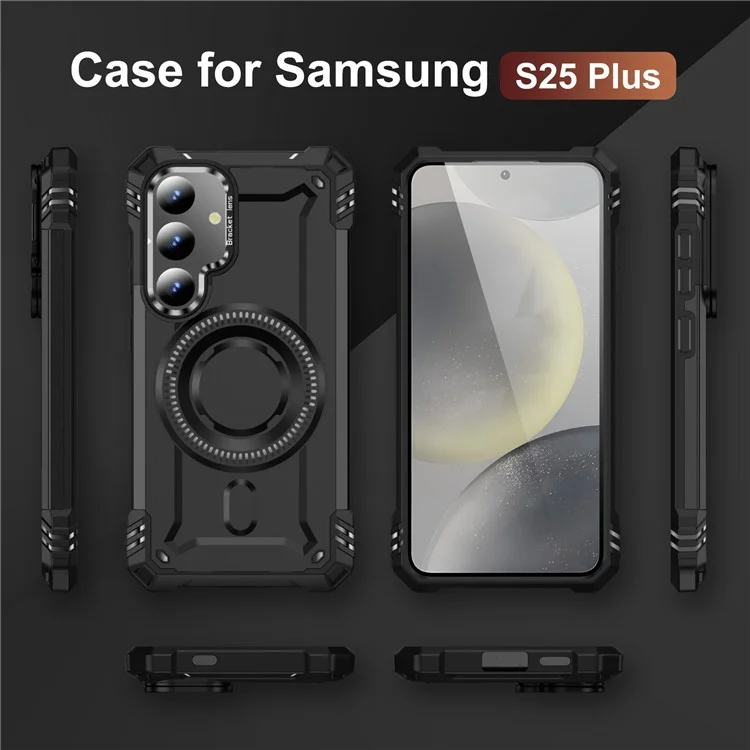 Чехол для Samsung Galaxy S25+ / S24+ совместимый с MagSafe, металлическая рамка объектива, подставка, PC+TPU мобильная крышка - черный