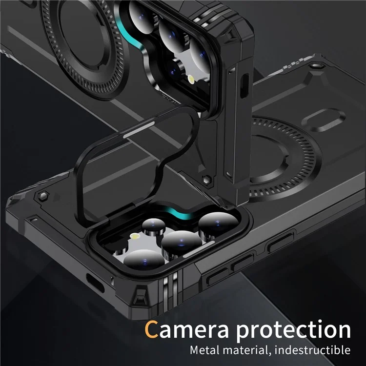 Чехол для Samsung Galaxy S24 Ultra, совместимый с MagSafe, металлическая рамка для объектива, подставка, PC+TPU, мобильный чехол - Черный
