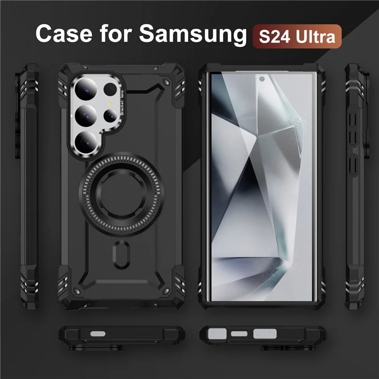 Чехол для Samsung Galaxy S24 Ultra, совместимый с MagSafe, металлическая рамка для объектива, подставка, PC+TPU, мобильный чехол - Черный
