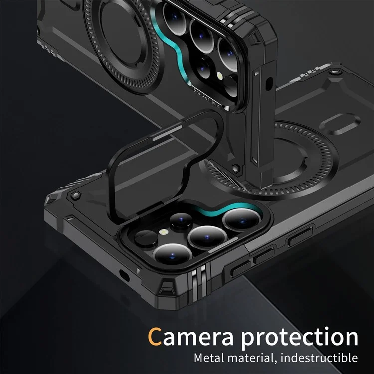 Hülle für Samsung Galaxy S25 Ultra kompatibel mit MagSafe Metalllinsenrahmen Ständer PC+TPU Handyhülle - Schwarz