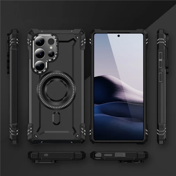 Hülle für Samsung Galaxy S25 Ultra kompatibel mit MagSafe Metalllinsenrahmen Ständer PC+TPU Handyhülle - Schwarz