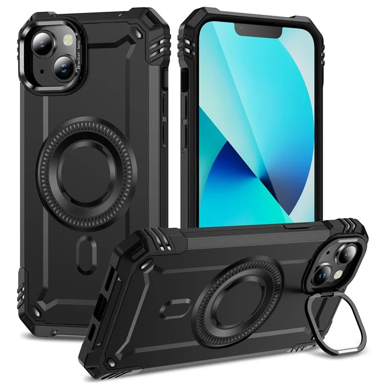 Funda para iPhone 13 compatible con MagSafe, marco de lente de metal, soporte, cubierta móvil de PC+TPU - Negro