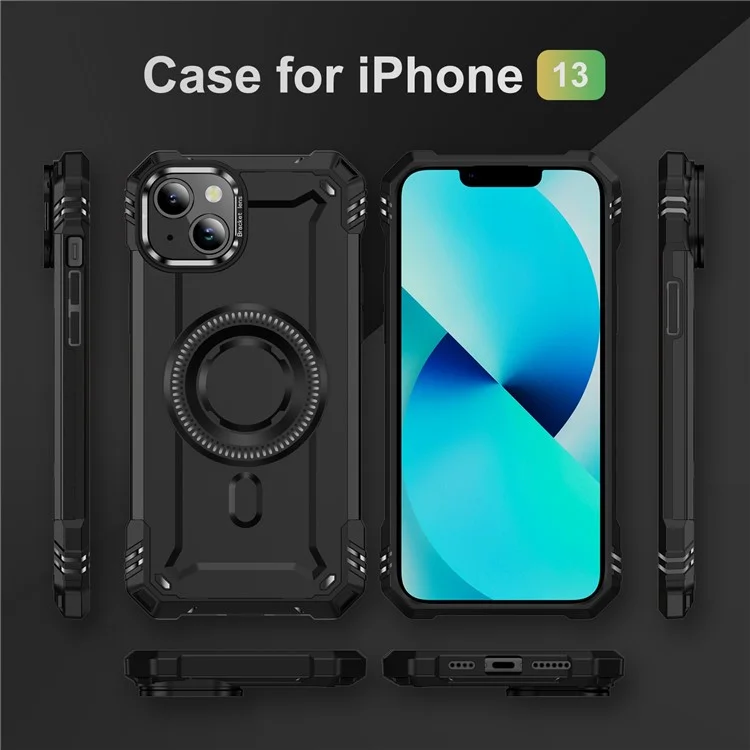 Funda para iPhone 13 compatible con MagSafe, marco de lente de metal, soporte, cubierta móvil de PC+TPU - Negro