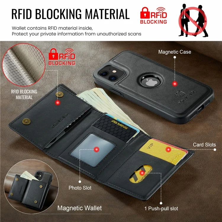 DG.MING M6 Serie für iPhone 12 / 12 Pro Hülle Magnetische Brieftasche PU+PC+TPU Handyhülle - Schwarz