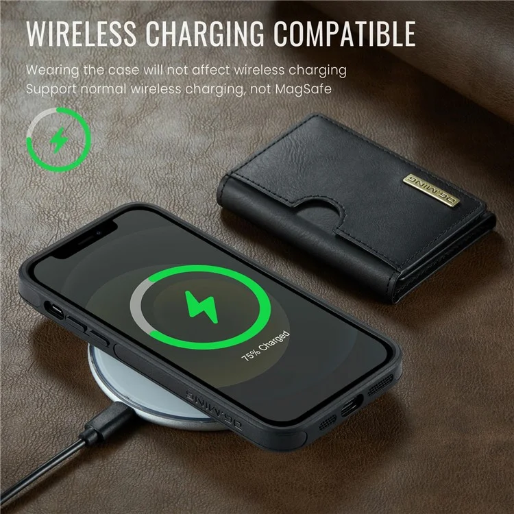 DG.MING M6 Serie für iPhone 12 / 12 Pro Hülle Magnetische Brieftasche PU+PC+TPU Handyhülle - Schwarz