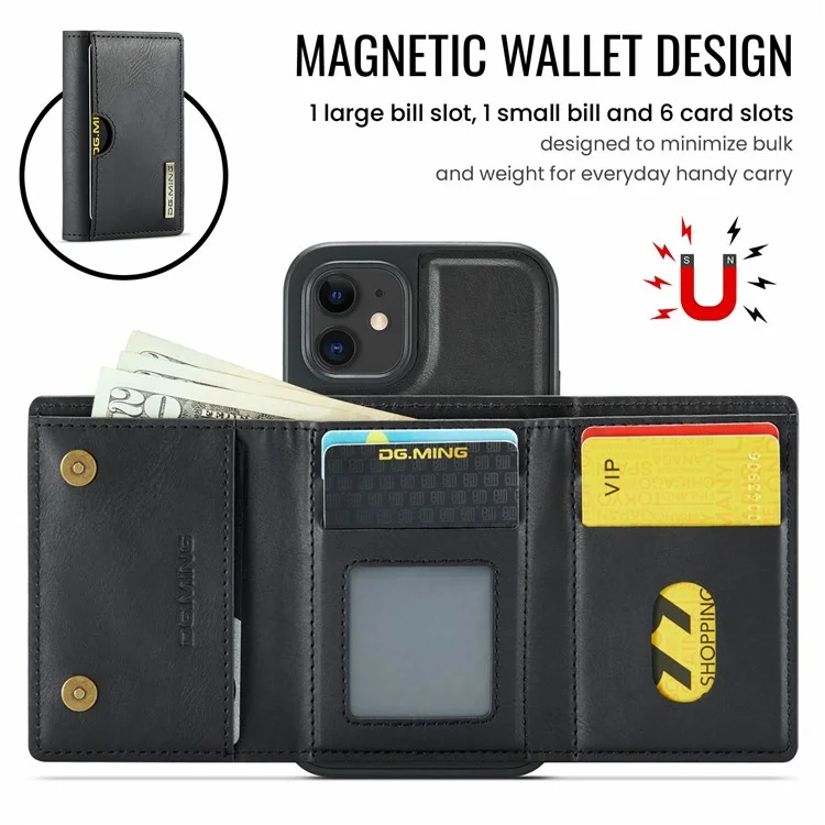 DG.MING M6 Serie für iPhone 12 / 12 Pro Hülle Magnetische Brieftasche PU+PC+TPU Handyhülle - Schwarz