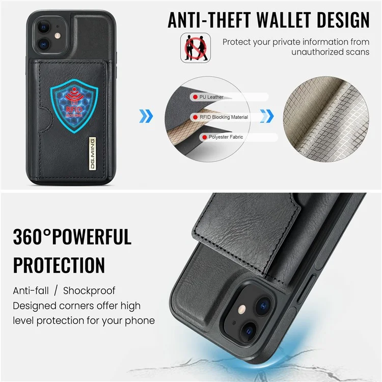 DG.MING M6 Serie für iPhone 12 / 12 Pro Hülle Magnetische Brieftasche PU+PC+TPU Handyhülle - Schwarz